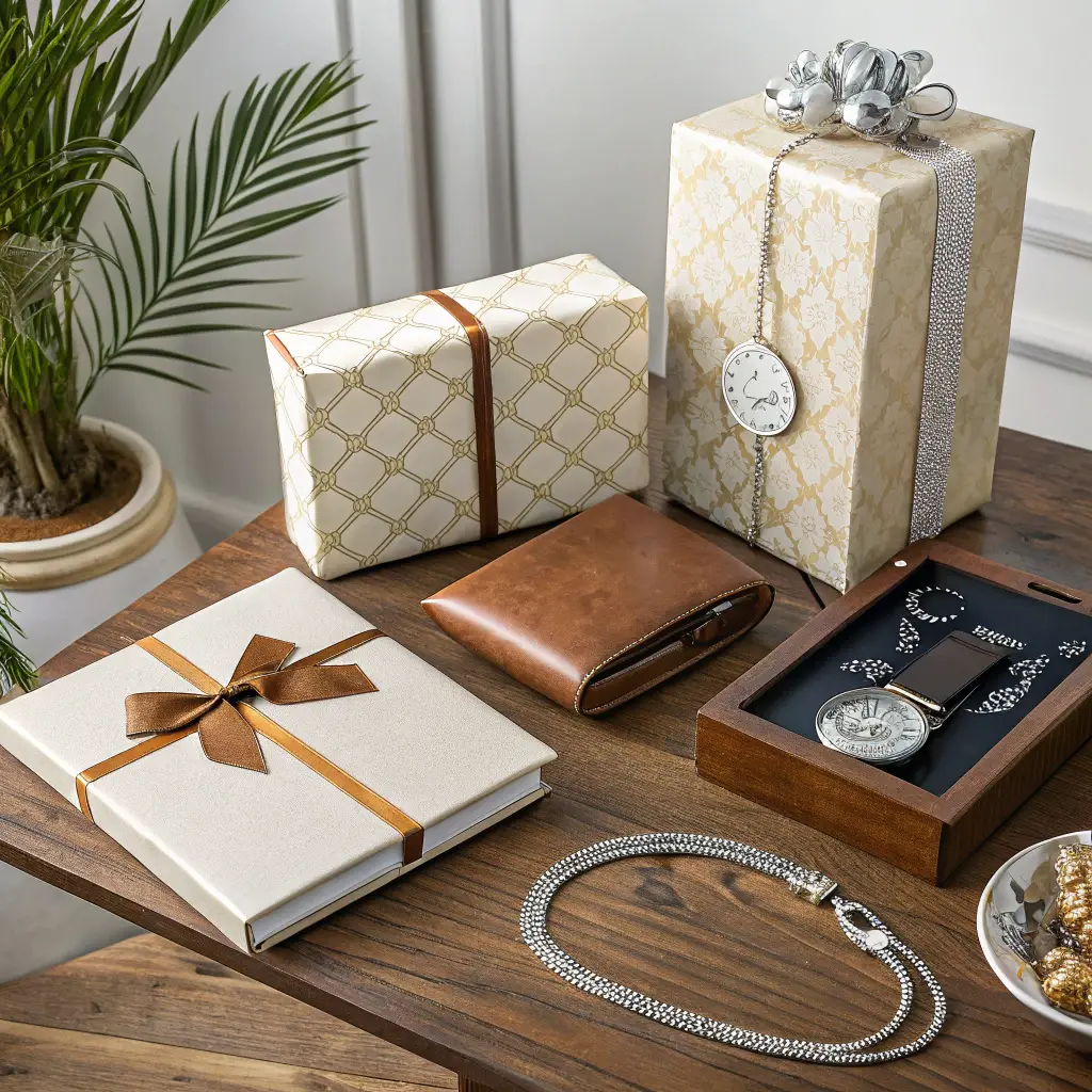 Geschenkartikel Glückliche Frau und Mann zwischen 30 und 40 öffnen stilvolle Geschenkbox mit Überraschung